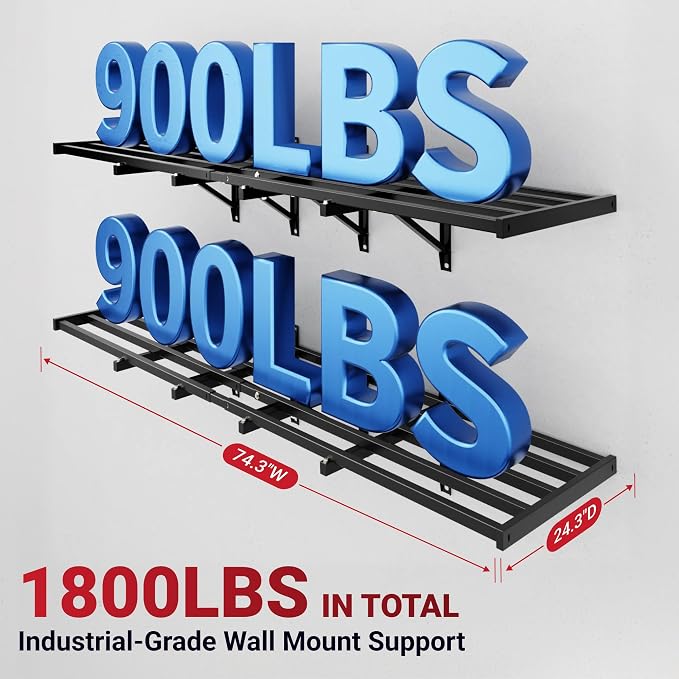 FLEXIMOUNTS Fold-Down 2x6ft Garage Wall Shelving, 4-Pack Heavy Duty Folding Garage Shelving Wall Mounted, 1800 lbs Capacity, Storage for Power Tools, Garden Supplies & Seasonal Storage, Lite Series