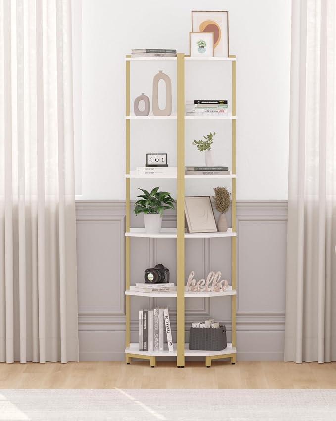 Hzuaneri Corner Shelf Stand, Corner Bookshelf, Storage Standing Shelf Unit with Metal Frame, Plant Stand, Bookcase for Living Room, Home Office, Bedroom, 6-Tier White Gold CS06003A