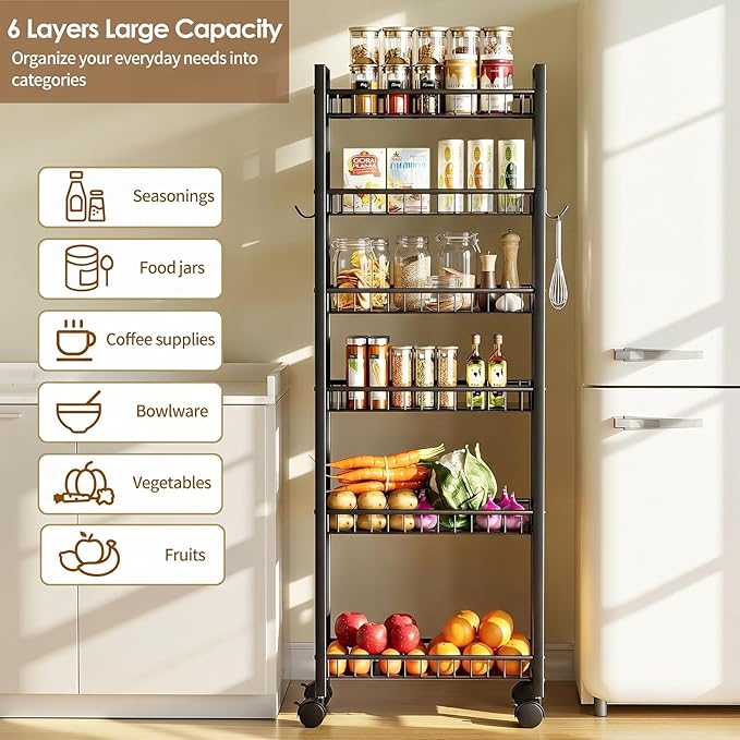 6 Tier Slim Storage Cart, Narrow Rolling Cart with Wheels, 6in(W) | Narrow Mobile Utility Shelf Unit Organizer for Kitchen, Bathroom, Laundry Room, Living Room, Small Places, Black