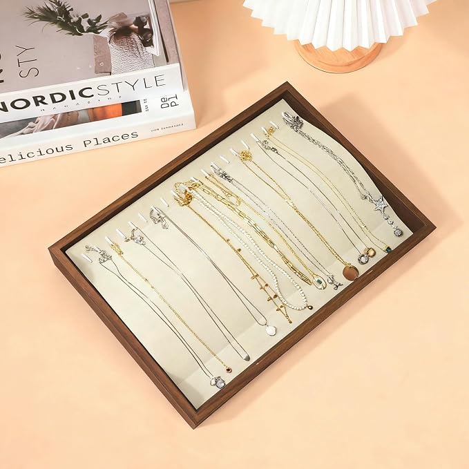 Large Jewelry Trays for Drawers Stackable Velvet Jewelry Display for Vendors Jewelry Drawer Organizer Inserts for Rings Necklace Bracelets Earrings and Studs Earrings (Beige, 20 Hooks)