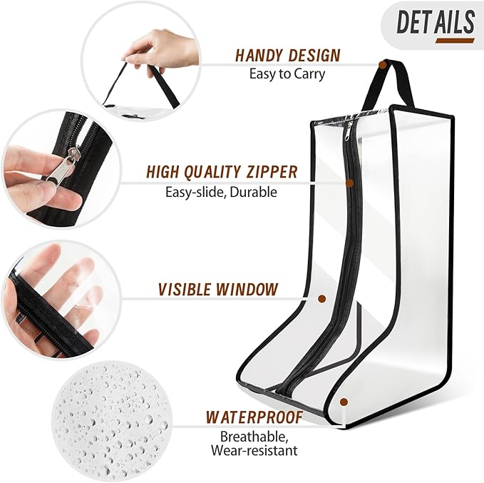 CiBiZi 4Pack Black Boot Bags Organizer for Travel Waterproof Cowboy Boots Bag Portable Shoe Travel Bag for Women Hangable Ski Boot Bag Dust-free Tall Boot Storage Bag (Clear)