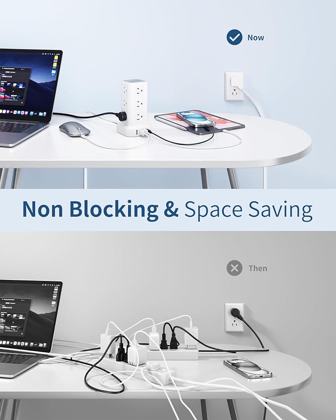 Extension Cord with Multiple Outlets, SMALLRT Flat Plug Power Strip Tower with USB 12 AC Outlets, 6.5FT Ultra Thin Extension Cord Outlet Extender for Home Office, Overload Protection