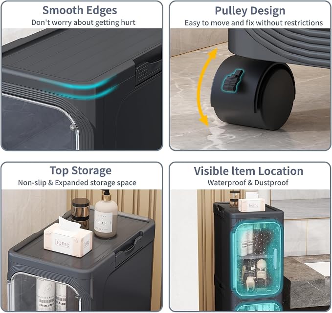 3 Tier Slim Bathroom Storage Cabinet, Foldable and Movable, Black | Tools Free, ABS and PET, Magnetic Clear Door, Adjustable Shelves, Lockable Wheels, Water Resistant, For Narrow Space