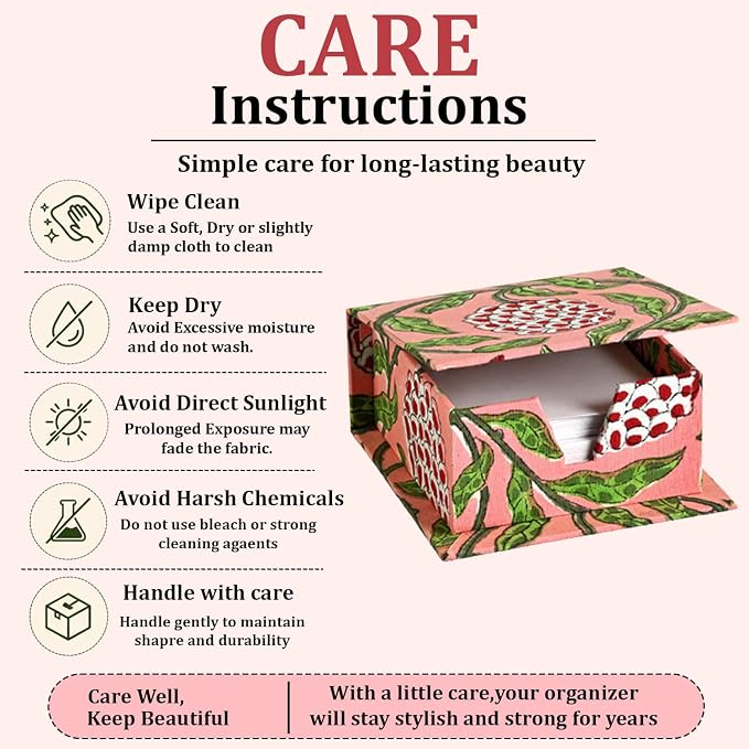 Ridhi Block Print Strawberry Pink Sticky Note Holder Box for Desk, Aesthetic Memo Pad Organizer, Sticky Note Box Decorative Office Accessory, Stationery Gift for Teachers, Students, Professionals