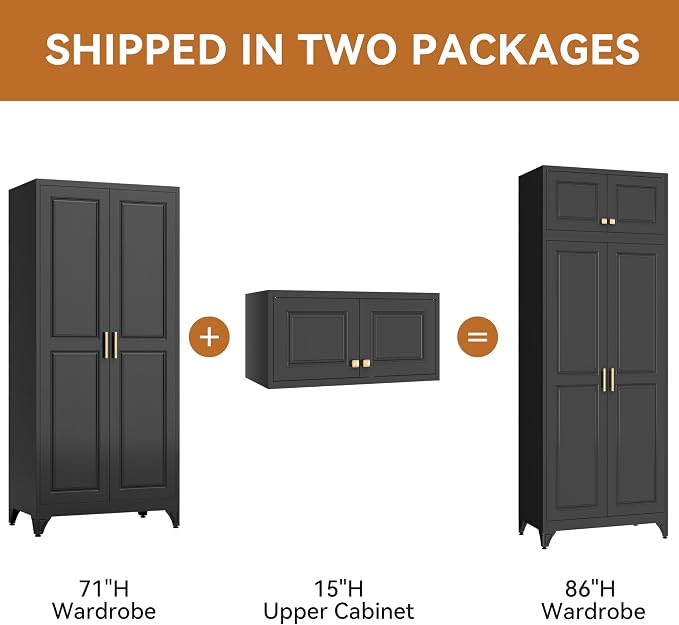 Polup Metal Armoire Closet, 86 Inch Tall Wardrobe Armoire with Hanging Rod, Wardrobe Closet for Clothes with Doors, 18" D x 32" W x 86" H,Black, Assemble Required, Shipped in Two Packages