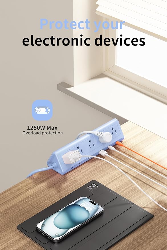 6.5 FT Desk Clamp Power Strip with 5 AC Outlets & 6 USB Ports PD 40W USB-C Fast Charging, Extension Cord with Multiple Outlets, Fits 2.1 in top Edge Blue