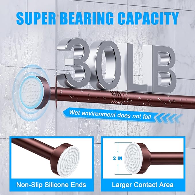 TEECK Shower Curtain Rod, 32-80 inch Adjustable Spring Tension Curtain Rod, Never Rust Anti-Slip Shower Curtain Rod for Bathroom, No Drilling, Never Collapse, Easy to Use, Brown