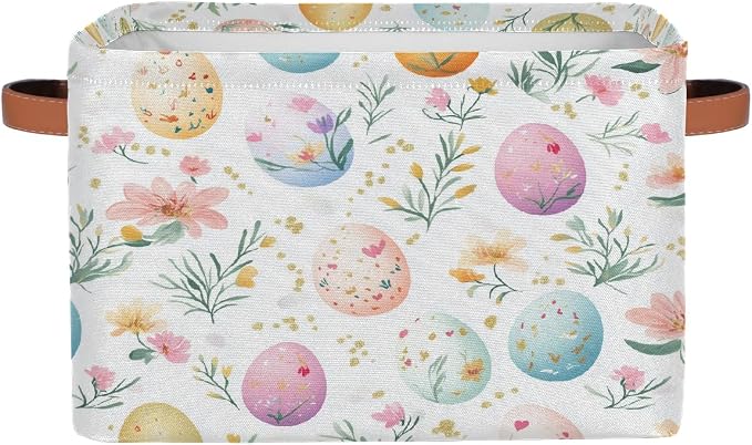 Cube Storage Bins for Shelves, Easter Eggs Flower Print Collapsible Fabric Toys Storage Basket Box with Handles for Home Office Bedroom Closet