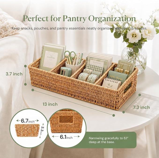 Nature-Inspired Rattan Pantry Organizer Baskets Set of 2 with 3 Removable Dividers – Handwoven Storage Bins for Kitchen or Bathroom Organization, Ideal for Snacks, Coffee & Tea (13” x 7.3” x 3.7”)