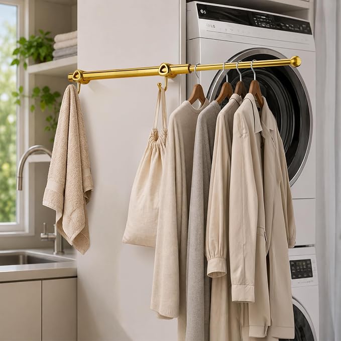 14" Valet Rod for Closets Pull Out, Closet Valet Rod Slide Out with 2 Hooks, Brushed Gold