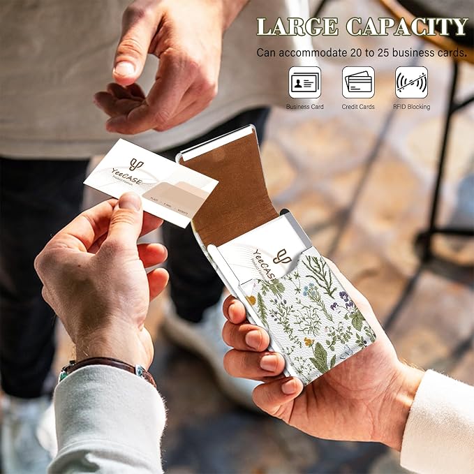 2Pack Leather Stainless Steel Business Card Holder, Metal Slim Business Card Case for Women or Men, Pocket Business Card Carrier with Prints, Magnetic Closure, RFID Blocking