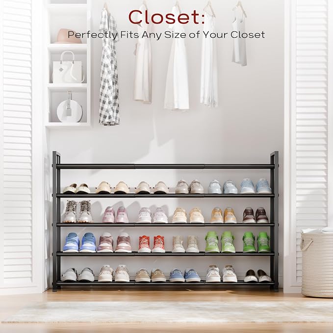 Bumusty 5-Tier Long Expandable Shoe Rack for Closet, 18"-44" Adjustable Shoe Rack for Entryway, 25-30 Pairs Large Shoe Organizer Shelf Storage, Sturdy Metal, Black