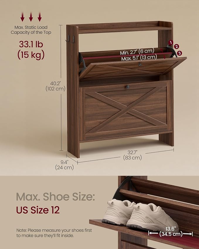 VASAGLE Shoe Storage Cabinet Organizer with 2 Flip Drawers, Freestanding Narrow Shoe Rack Cabinet for Entryway, Farmhouse Style, Fits 14 to 16 Pairs, Chestnut Walnut UHSC203KX01