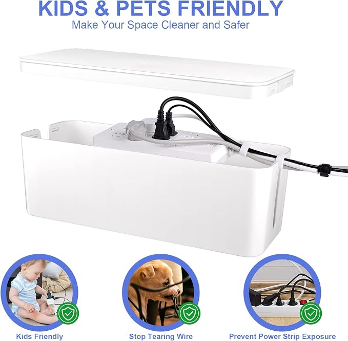 Cable Organizer Box Set of Three, Power Cover Cord Holder Surge Protector for Desk (White)