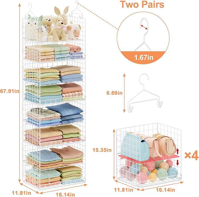 Yuyetuyo Stackable Hanging Closet Organizer, 8 Tier Wire Storage Shelves | Adjustable Detachable Foldable Heavy Duty
