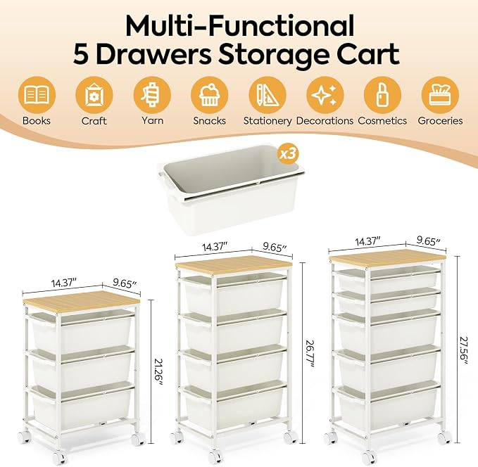 Slim Rolling Storage Cart with 3 Drawers, Craft Organizer, Wooden Tabletop Utility Cart for Bedroom, Children's Room and Office Organization, Under Desk Trolley with Lockable Wheels,White