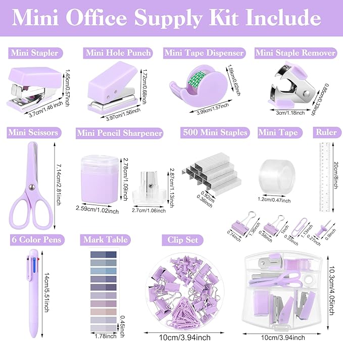 Mini Office Supplies, Purple School Supplies with Sticky Notes,Mini Stapler,Tape Dispenser,Hole Punch,Staple Remover,Staples,Clips,Scissor,Pen (Purple)
