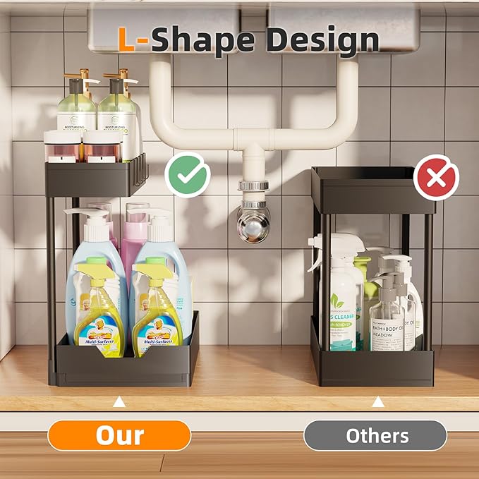 Simple Trending Multi-Purpose Pull-Out Storage Organizers, 2 Tier Under Sink Organizer, Stackable Cabinet Drawers Bins for Kitchen, Bathroom, Closet, Black, 2 Packs