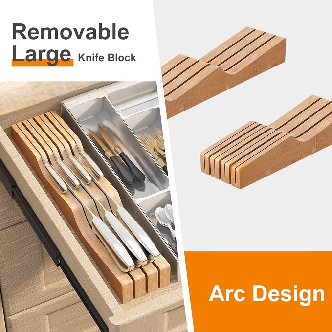 In-Drawer Knife Block Organizer - Bamboo Wood Drawer Knife Organizer-Protecting Knife Organizer Block (Not Included) (Natural, 7 Knives Dock)