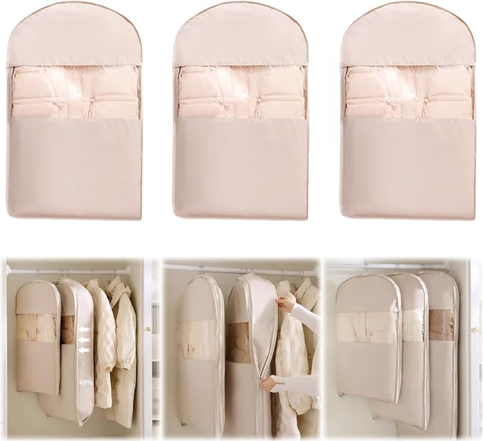 3PCS Space Saving Hanging Garment Bag with Self Compression Zipper, Compression Space Saver Closet Storage Organizers, Dust Cover Clothes Bags for Down Coat (Pink,Medium)