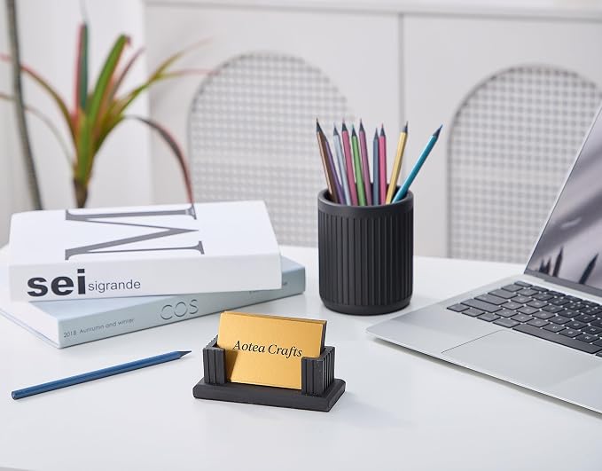 Concrete Business Card Holder Desk - Business Card Display Stand - Black | Handmade- Durable, Sturdy- Modern Industrial & Fluted Minimalist Aesthetics