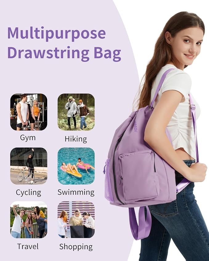 WANDF Drawstring Backpack with Shoe Compartment, Sports Gym Bag | Multi-Pocket Storage, Water-Resistant Fabric, Cinch String Bag