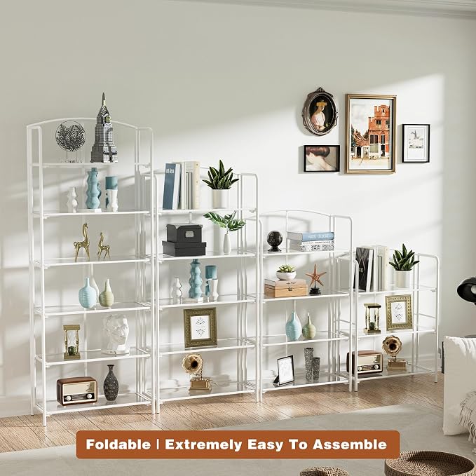 Crofy 4-Tier Wider Foldable Bookshelf, White Frame & Transparent Shelves | No-Assembly Collapsible Portable Storage Organizer; Sturdy Transparent Shelves; Ideal for Living Room & Home Office