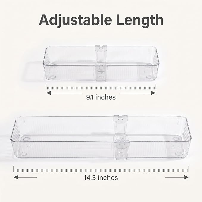 4-Piece Expandable Drawer Organizer Bins | Clear Plastic Adjustable Storage Trays Set for Kitchen Drawers, cutlery silverware,Refrigerator, Cabinet & Pantry