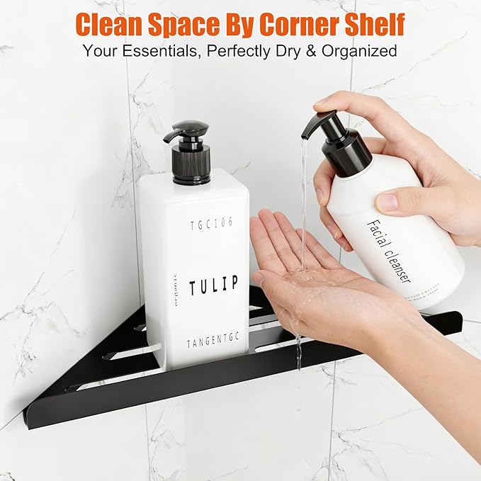 Fikoksol Shower Caddy Storage, Triangle Corner Shelf with Adhesive Glue | Metal Bathroom Shelf Storage, Adhesive or Screw Wall Mounted Corner Shower Rack, Black Rustproof Bath Organizer Accessory