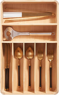 Silverware Drawer Organizer - Bamboo Tray for Cutlery, Flatware & Utensil Holder for Kitchen Drawers, Fixed 10.5" Width, 7 Storage Compartments, Non-Slip Feet, Rounded Corners, 100% Natural Plant
