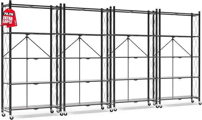 ALANNG 70.7" H Metal Storage Shelves, 5 Tier Folding Shelf on Wheels | Heavy Duty, No Assembly, Rolling, Collapsible Rack Unit for Kitchen, Basement, Pantry (Black,4 Pack)
