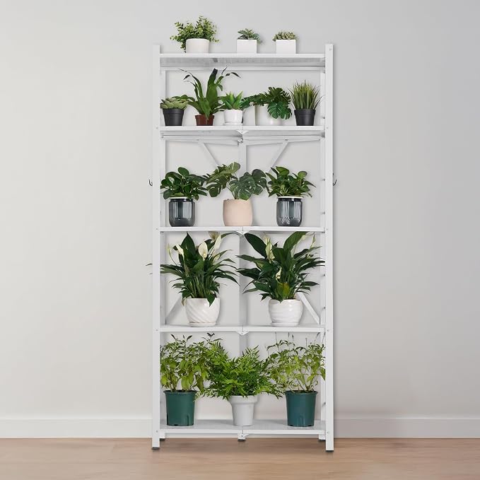 VEVOR 5-Tier Foldable Storage Shelf, 28 W x 15D x 64H Inch Folding Metal Rack Shelving Unit, No Assembly Organizer Shelf with 5 Wheels & 4 Hooks for Pantry, Kitchen, Garage, Basement, White