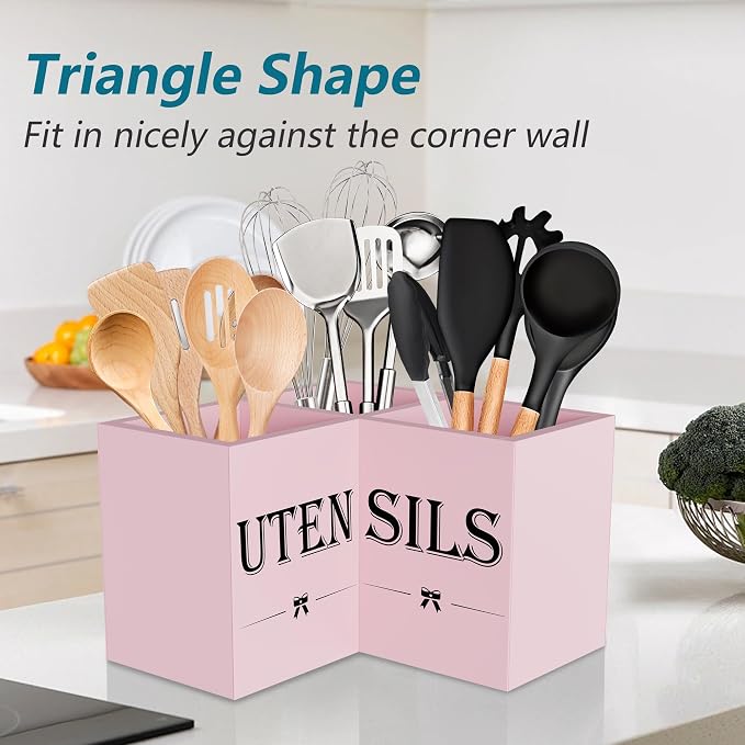 Suli Extra Large Utensil Holder Countertop for Kitchen Counter,Wood,Pink | Hold 40 Utensils,4 Removable Divider,Rutic Silverware Organizer Caddy,Spacesaving,Farmhouse Cooking Crock for Spatula,Spoon