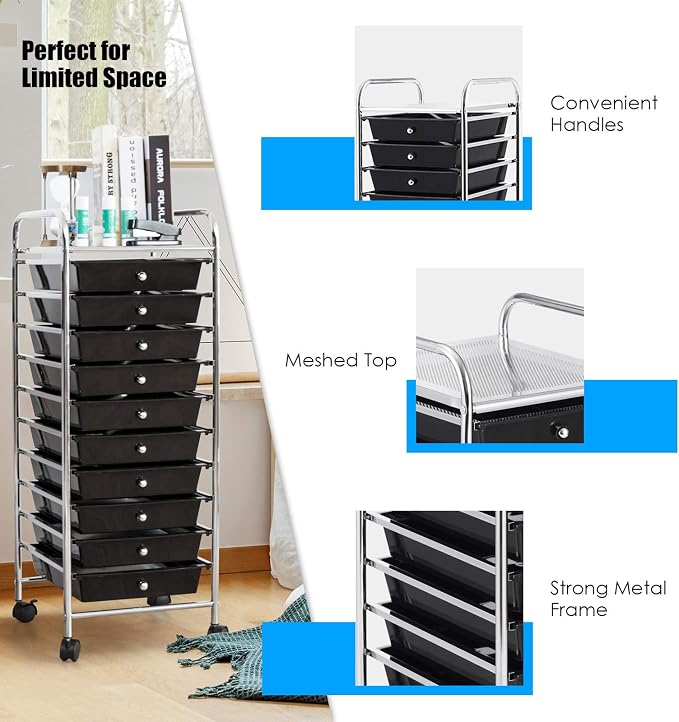 Happygrill 10-Drawer Storage Cart, Utility Cart with Removable Drawers & Metal Frame, Rolling Storage Cart with Lockable Wheels for Home, Office, Black