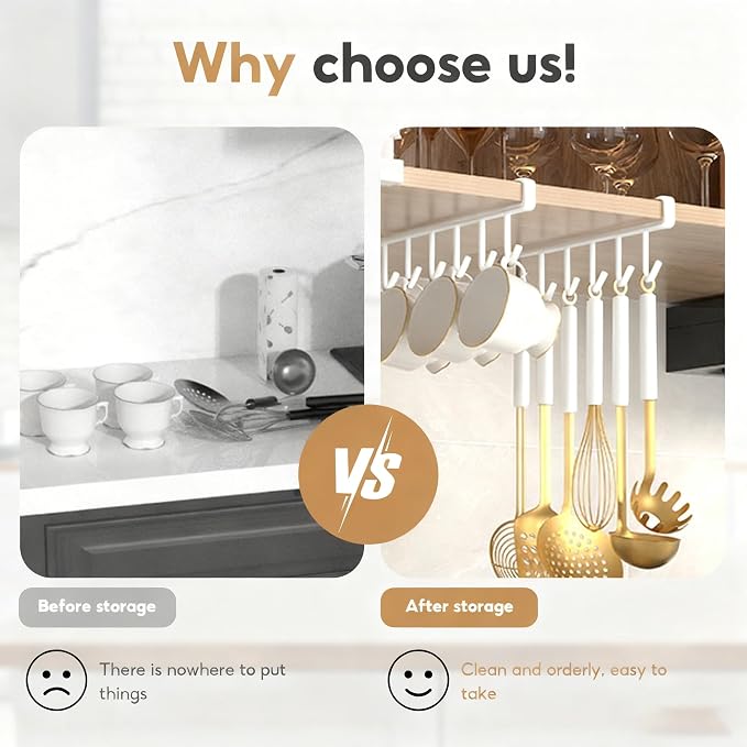 2Pcs White Mug Hanger, Under Cabinet Cup Holder Hanging Mug Organizer for Cabinet Nail Free Under Adhesive Coffee Cups Mug Holder Hanger for Cups/Kitchen Utensils/Ties Belts/Scarf/Keys Storage