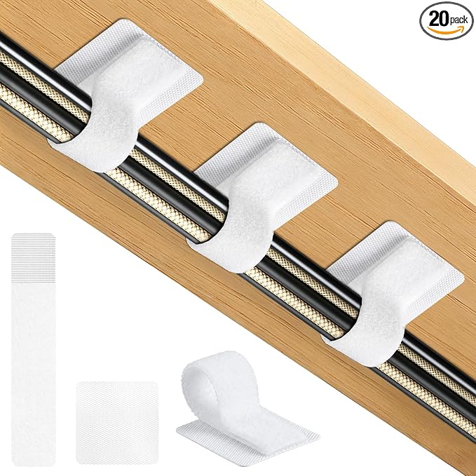 Cable Management Under Desk Detachable Cable Straps, White, 20 Pack | Heavy Duty Hook and Loop Cable Ties, Removable, Leave No Trace, Hold Up to 15 Cables, Home Office Organizer Accessories