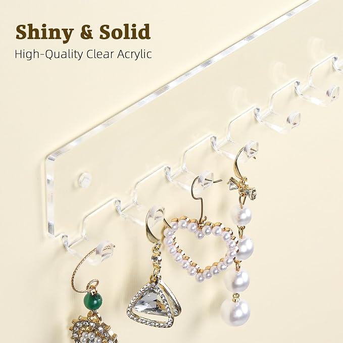 Acrylic Necklace Holder 4 Pack Wall Mounted Necklace Organizer Hanging Jewelry Organizer with 12 Hooks for Necklaces, Bracelets, Rings and Bangles Display