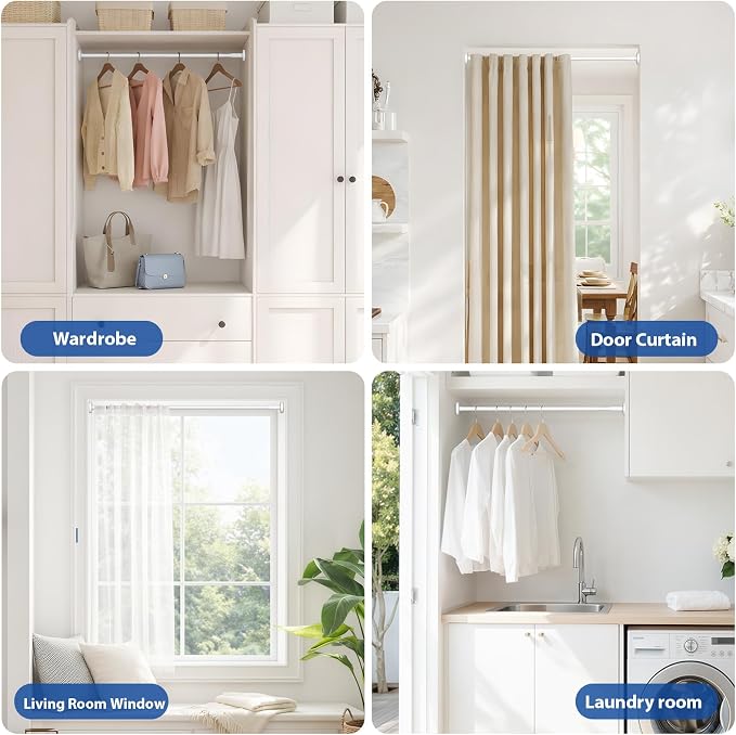 Tension Curtain Rod 32-48Inch White Shower Rod Tension Rod Adjustable Curtain Rods no Drilling Curtain Rods for Bathroom,Windows,Closets,Doorway