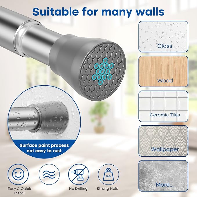 Shower Curtain Rod Tension Curtain Rod 30-64 Inch Silver Shower Rod Curtain Rod no Drilling Expandable Tension Curtain Rod Spring Curtain Rod for Bathroom Closet Doorway Door