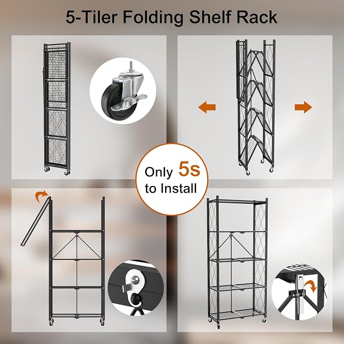 5 Tier Foldable Storage Shelves with Wheels -No Assembly Metal Folding Shelves Collapsible Shelving Unit Display Heavy Duty Rolling Shelf for Home Kitchen Office Room (Black, 64" x 13" x 27")