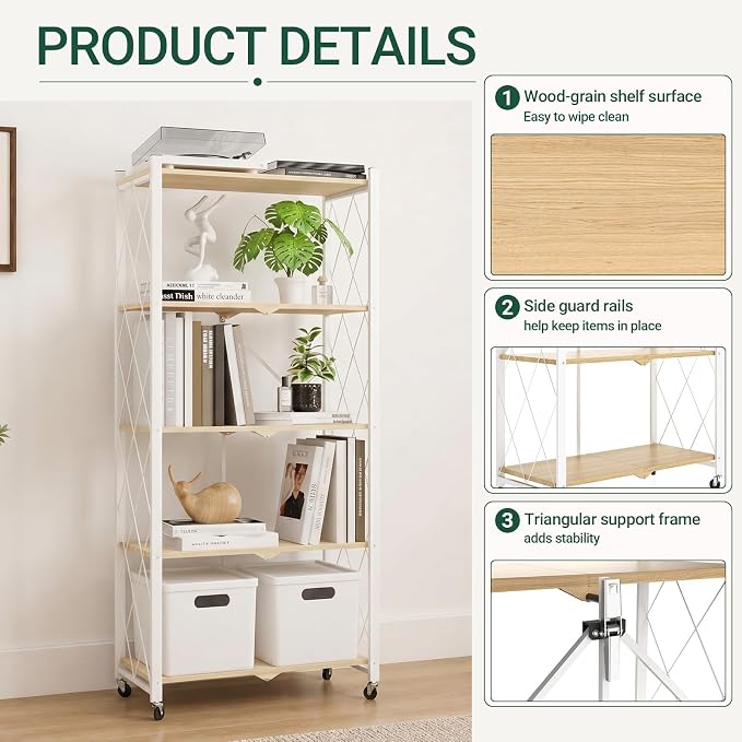 black leopard 5-Tier Foldable Shelf with Wheels, Wood-Grain Steel Shelves | Pre-assembled frame unfolds in seconds with tool-free wheel setup for fast, convenient use