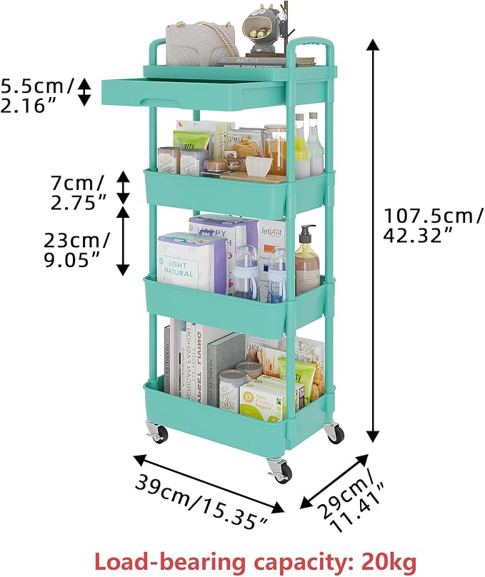 Calmootey 4-Tier Rolling Utility Cart with Drawer,Multifunctional Storage Organizer with Plastic Shelf & Metal Wheel,Storage Cart for Kitchen,Bathroom,Living Room,Office,Green | Space-Saving Organizer, Sturdy Plastic Shelves, Smooth-Rolling Metal Wheel...