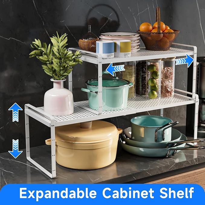 Expandable Kitchen Shelf Organizers, Kitchen Cabinet Organizer Stand Rack Organization for Countertop Cupborad Pantry Spice Rack, White 1 Pack