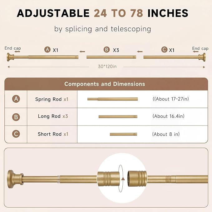 BRIOFOX Gold Tension Curtain Rod 24 to 78 Inch(2-6.5ft) - Stainless Steel Spring Tension Shower Curtain Rod, No Drilling Satin Gold Tension Rod for Curtains or Windows