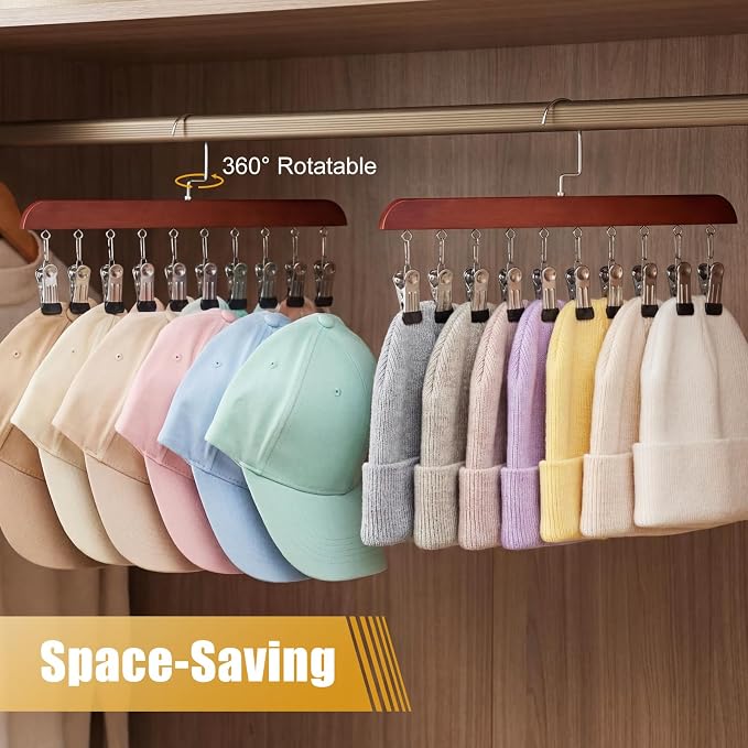 Novabright 4 Pcs Closet Organizer with 10 Clips Wooden Hat Rack for Closet, Space-Saving Hanging Organizer, Multipurpose Storage Display Accessory for Beanies, Ties, and Socks (Brown)