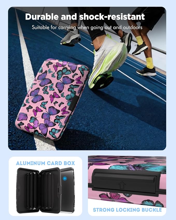 Maicican RFID Blocking Aluminum Credit Card Holder | Slim Metal Wallet for Women & Men, Business Card Case for Travel, Fits Front Pocket, Card holder wallet - Colorful Butterfly