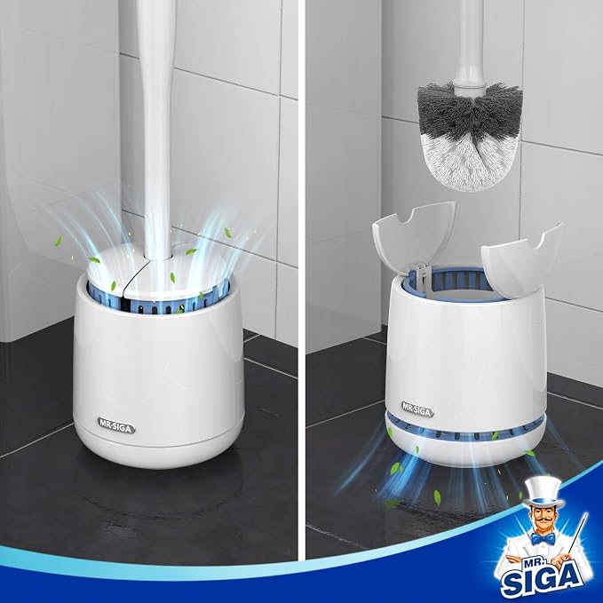 MR.SIGA Toilet Bowl Brush and Holder, Sturdy Long Handle, White, 2 Pack | Automatic Lid Design, toilet brush and holder set with replaceable toilet head, toilet bowl cleaner brush, toilet scrubber