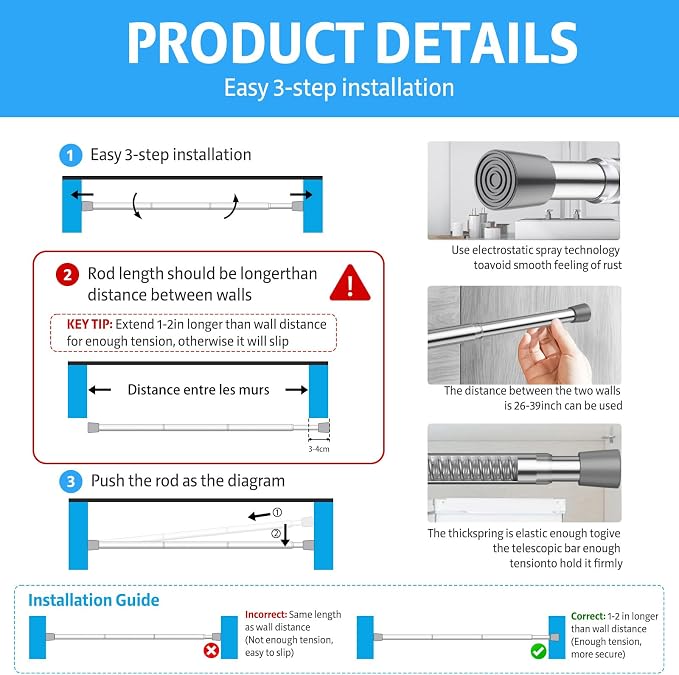 1 Pack Spring Tension Rods 26-39in, 5/8 Inch Diameter Silver No Drill Spring Loaded Adjustable Extendable, Small Short Tension Curtain Rod for Windows Kitchen Doorway Closet Cupboard