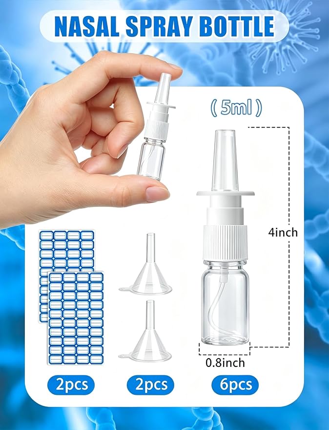 10 Pcs Nasal Spray Bottles, 5ML/0.17OZ 6 Pcs Glass Transparent Fine Mist Refillable Empty Nasal Spray Bottle with 2 Funnels and 2 Labels