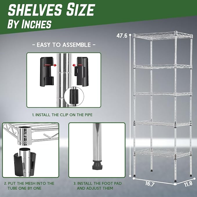 PayLessHere | 5-Tier Wire Shelf | 17"x12"x48" | Chrome | Adjustable Racks | Heavy-Duty Storage Shelves, Holds Upto 750 lbs | Rust-Resistant, No-Tool Assembly | for Home, Garage Shelving